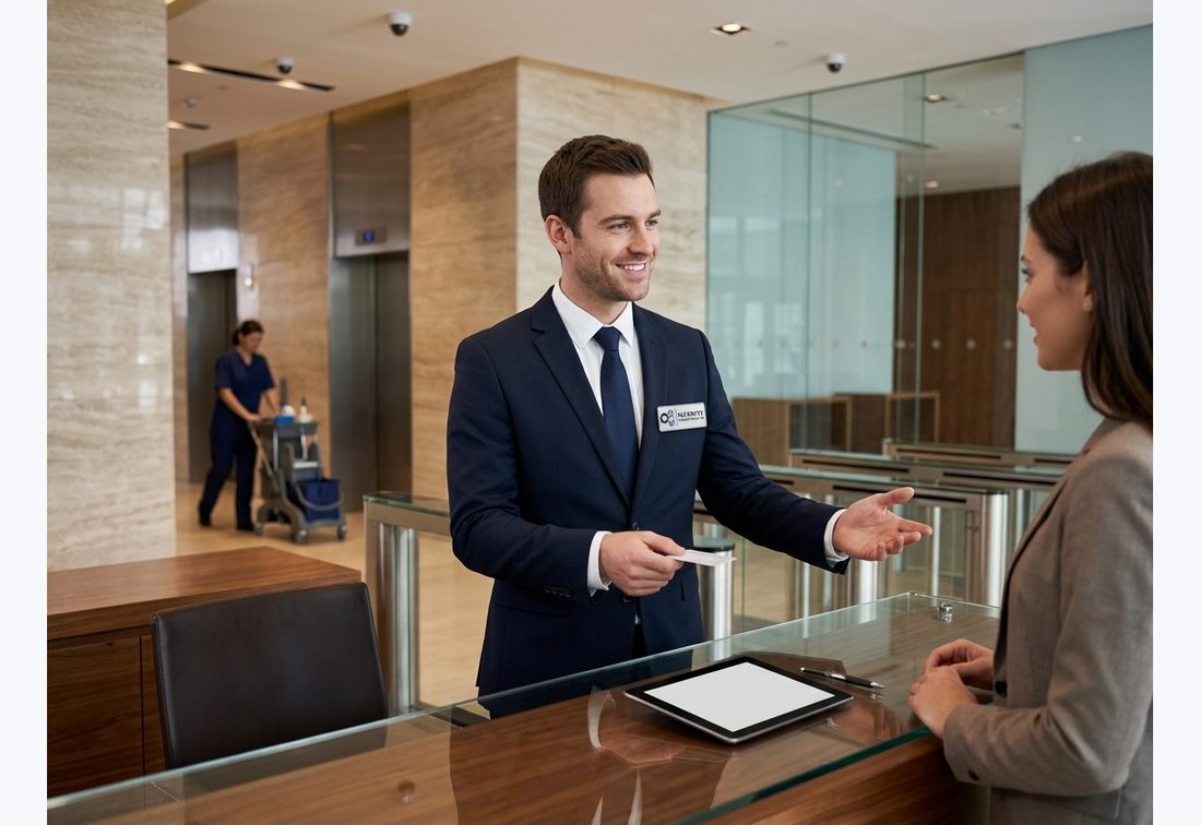Security Projects UK front-of-house officer welcoming a visitor at a corporate reception