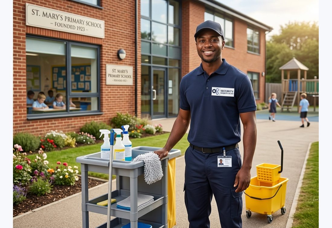 Security Projects UK operative outside a primary school with cleaning trolley and ID badge