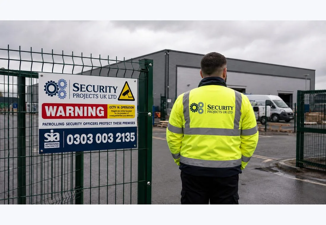 Security Projects UK officer at a fenced site entrance with SP UK signage