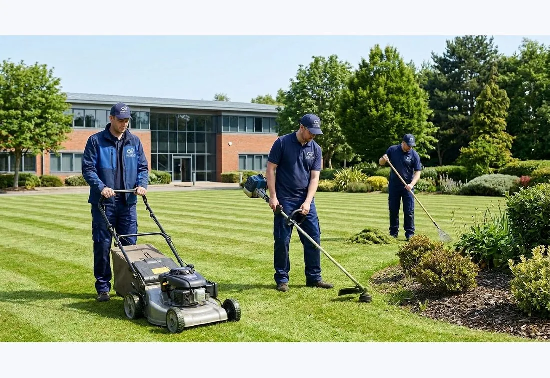 Security Projects UK grounds team mowing and strimming around a corporate office