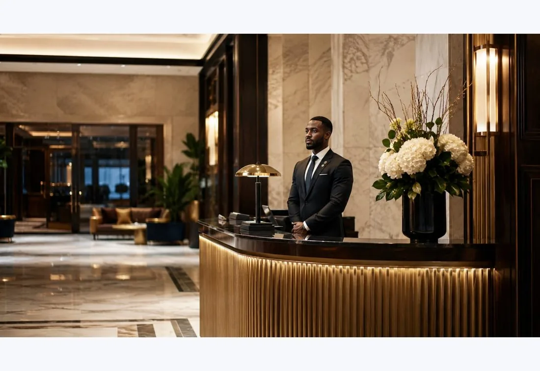 Sharp-suited hotel security officer at a five-star reception desk