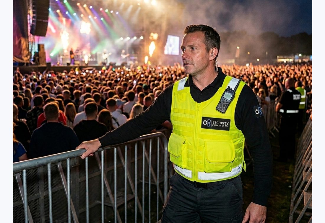 Security Projects UK event steward at a barrier in front of a packed concert crowd