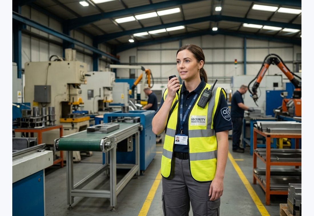Security Projects UK officer with radio in a working manufacturing facility
