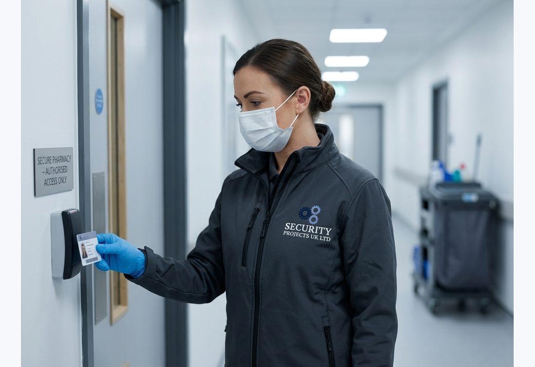 Security Projects UK officer using ID badge at a secure pharmacy door in a hospital corridor