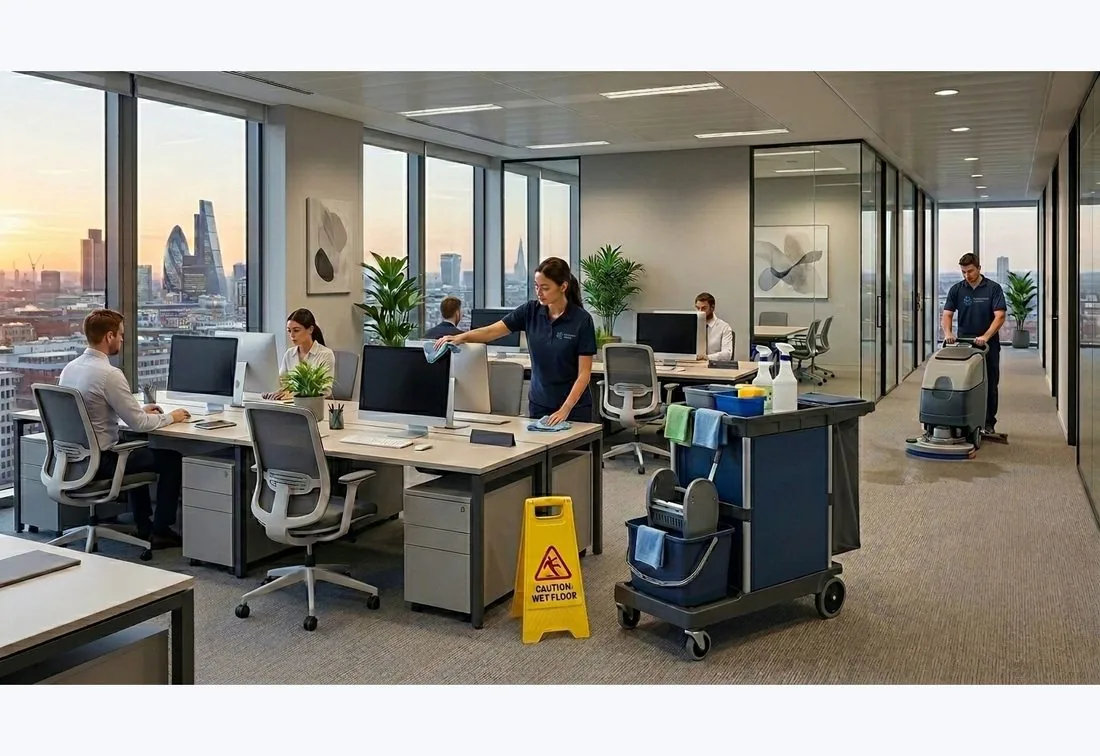 Commercial cleaning team working a London corporate office at dusk