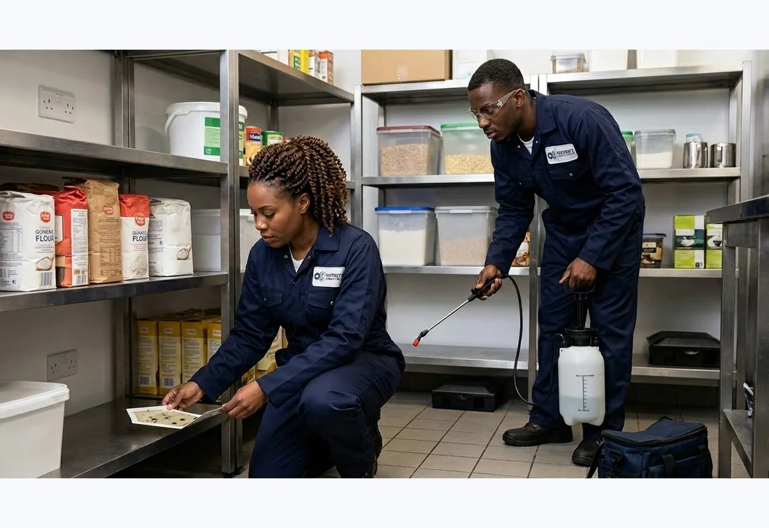 Security Projects UK pest control technicians inspecting and treating a food storage area