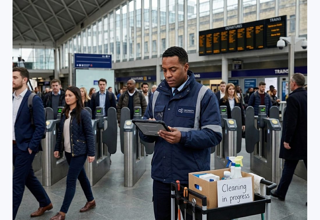 Security Projects UK officer with tablet at a rail station ticket gate, departure boards behind