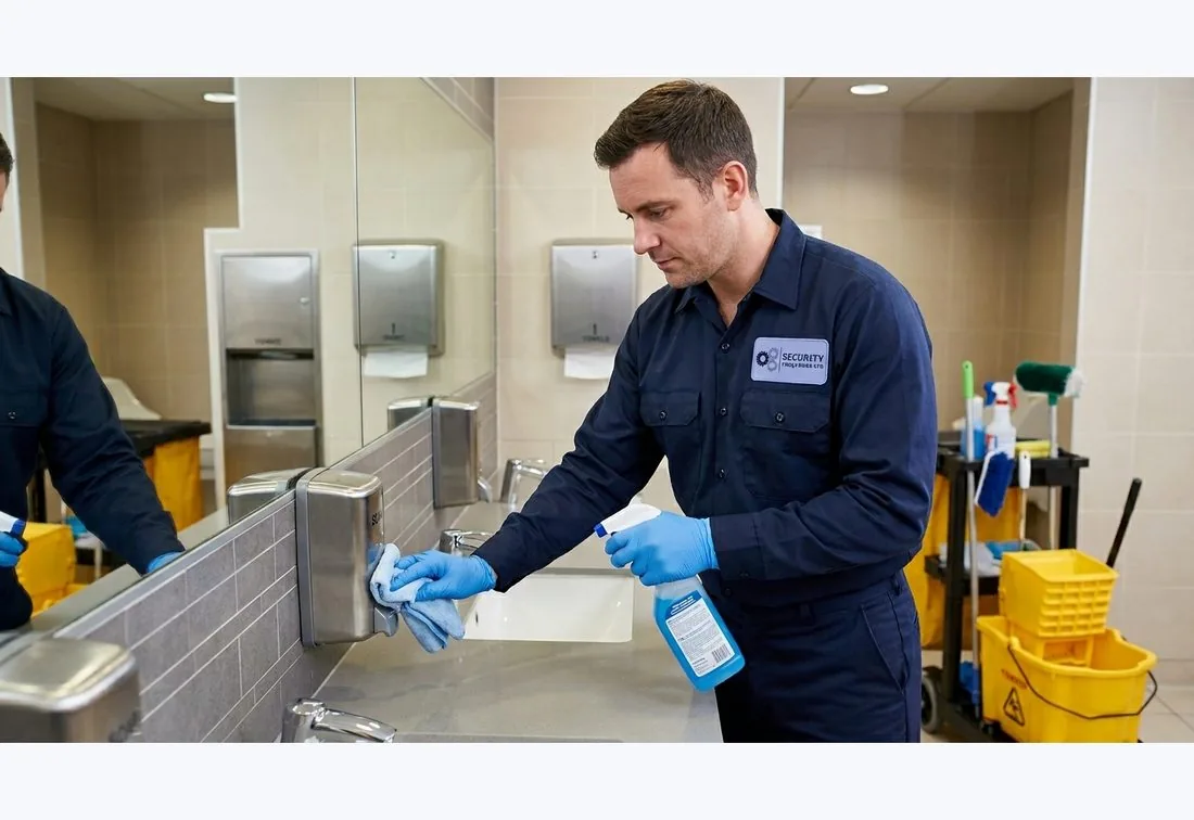 Security Projects UK operative deep-cleaning a commercial washroom