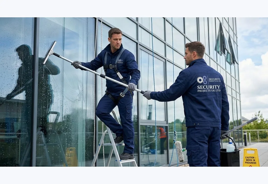 Security Projects UK window cleaners working a commercial glass façade